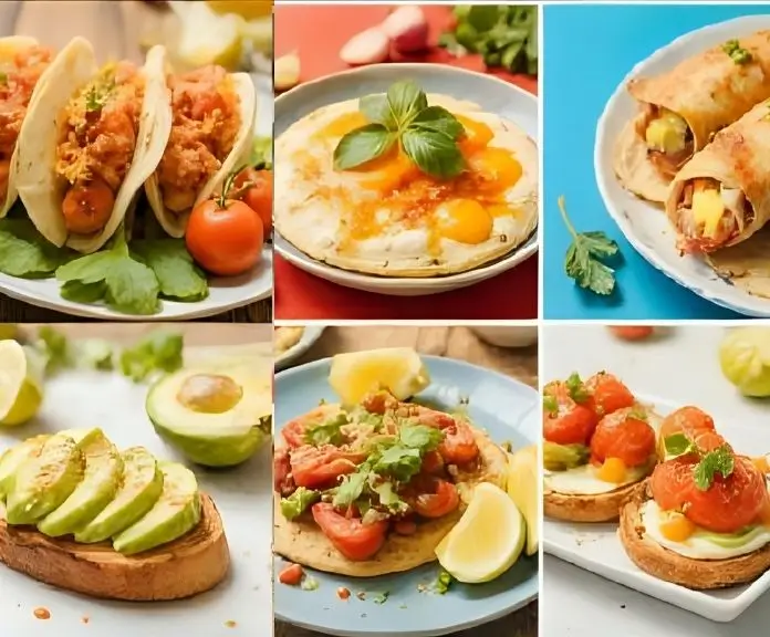 A colorful mix of Mexican breakfast foods, such as quick huevos a la Mexicana, festive tamales, and healthy avocado toast, all topped with fresh herbs.