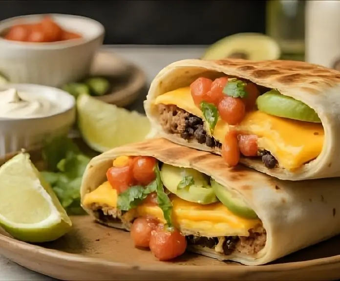 A close-up of a sliced Mexican breakfast burrito with scrambled eggs, chorizo, cheese, beans, and avocado. It comes with lime wedges and salsa.