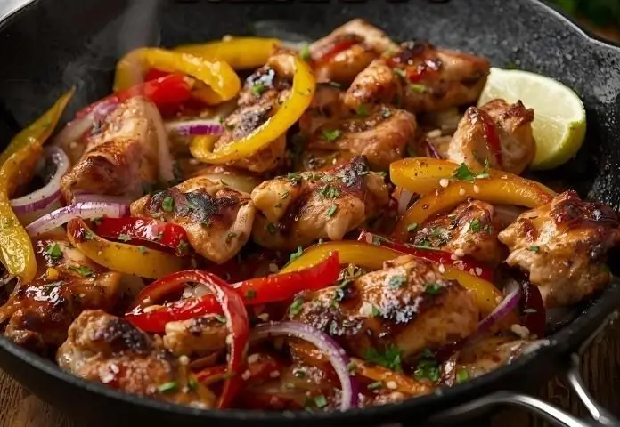 Hot chicken fajitas with colorful bell peppers and onions, topped with fresh lime and herbs, are served on a grill pan.
