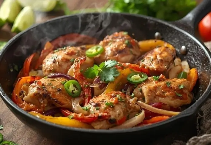 On a rustic wooden table, there is sizzling chicken fajita marinade with bell peppers and onions in a cast iron skillet, with lime wedges on top.