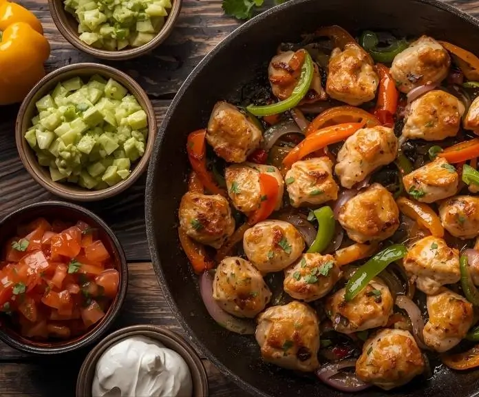 In a cast iron skillet, sizzling chicken fajitas with bell peppers and onions are served with bowls of guacamole, salsa, and sour cream.