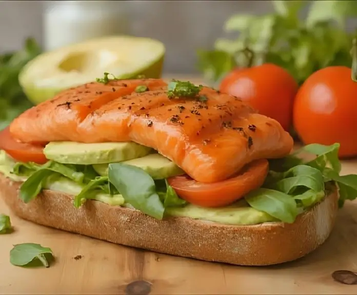 Whole grain bread that has been toasted and topped with grilled salmon, arugula, avocado spread, and sliced tomatoes.
