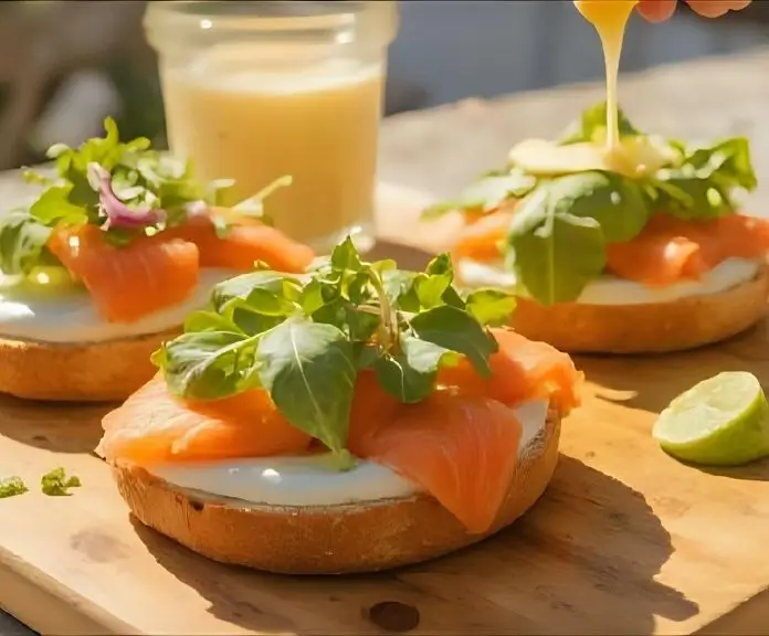 Putting together layers of fresh ingredients for a salmon sandwich on a wooden cutting board.