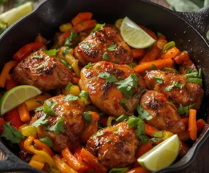 On a rustic wooden table, there are sizzling chicken fajita marinade with bell peppers and onions in a cast iron skillet, with lime wedges on top.