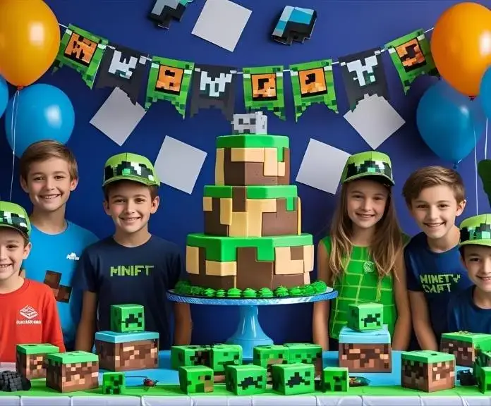 A fun Minecraft-themed party with a pixelated Minecraft cake, decorations, and kids dressed up as Minecraft characters.