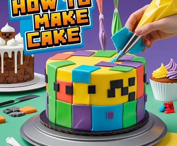 The image displays a close-up of a cake with a Minecraft theme, surrounded by bright pixel icing squares, frosting tools, and other decorations inspired by the game.