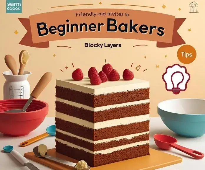 A Minecraft cake for beginners with blocky layers and baking tools and icons that show helpful baking tips.