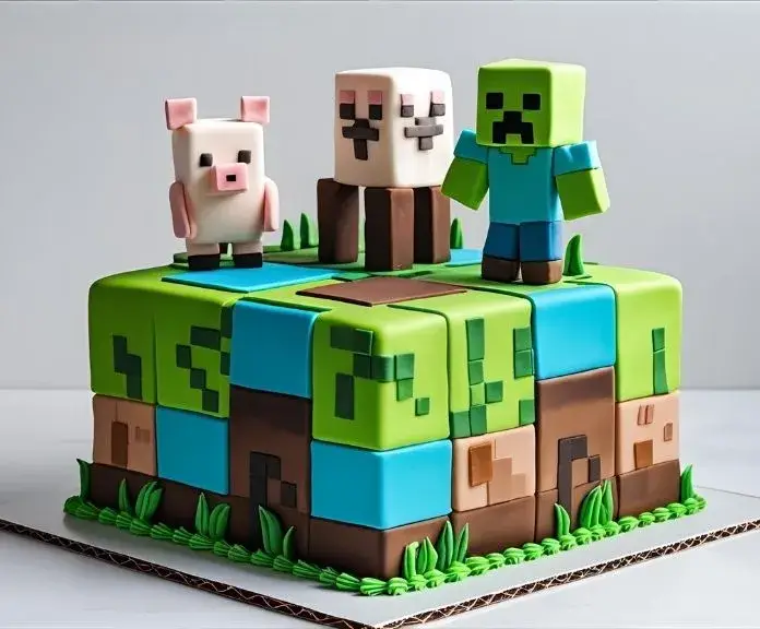A colorful Minecraft cake with pixelated fondant blocks and edible figures of the Minecraft characters Creeper and Pig on top of a subtle pixel art background.