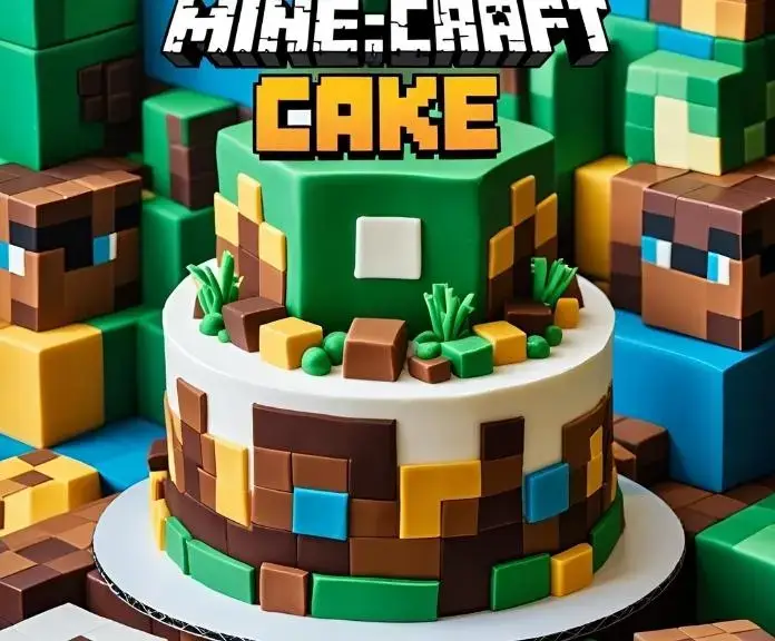A Minecraft-themed cake with pixelated fondant blocks in green, brown, and blue on it, along with baking tools and party decorations.