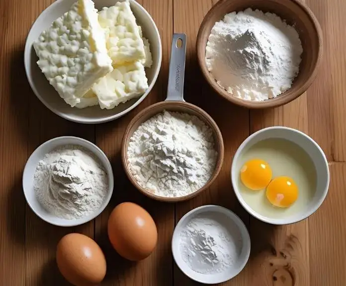 A wooden surface with the basic ingredients for cottage cheese pancakes: cottage cheese, eggs, flour, baking powder, and milk.