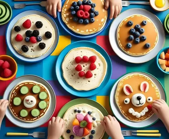A fun breakfast table with a variety of colorful cottage cheese pancakes, such as berry-studded, chocolate chip, fun animal shapes, and veggie-filled ones.