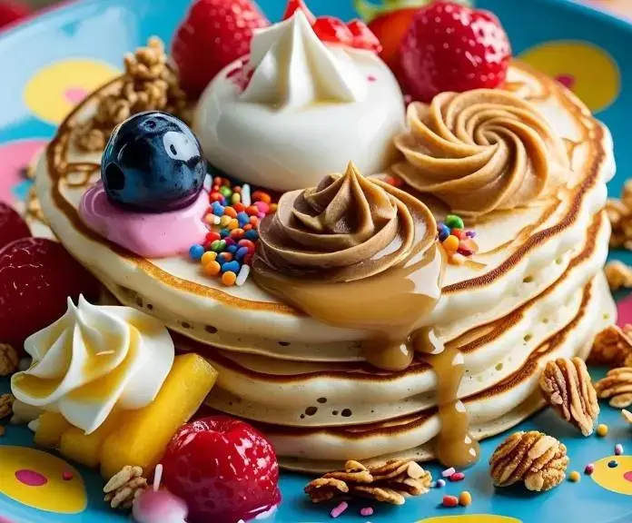 A bright plate of cottage cheese pancakes with Greek yogurt, nut butter, fresh fruit compote, granola, and colorful sprinkles on top.