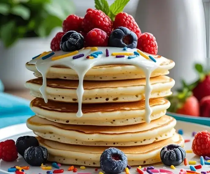 A stack of golden, fluffy cottage cheese pancakes topped with fresh berries and Greek yogurt, all set up in a bright, kid-friendly breakfast setting.