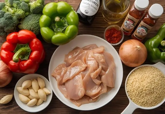 Fresh ingredients for Chicken Vegetable Skillet including chicken breast, bell peppers, broccoli, onion, garlic, olive oil, teriyaki sauce, paprika, and chili powder