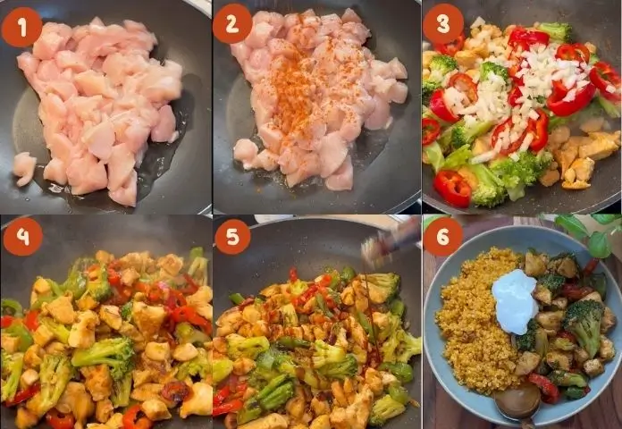 Step-by-step cooking stages of Chicken Vegetable Skillet: prepping chicken and vegetables, sautéing onions and garlic, cooking bulgur, adding chicken with spices and sauce, simmering dish