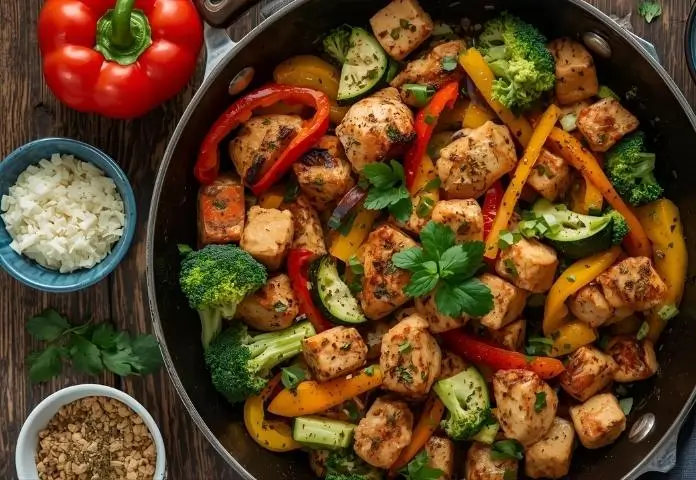 Chicken Vegetable Skillet with varied vegetables like broccoli, bell peppers, zucchini, tofu, and sprinkled fresh herbs showing recipe tips and variations