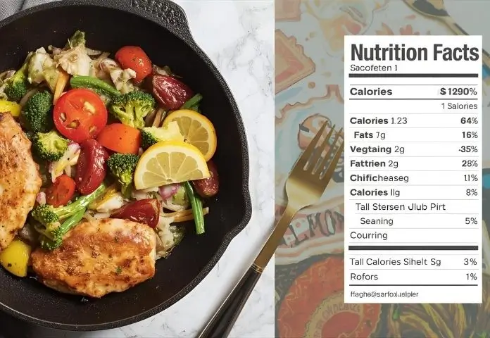 Chicken Vegetable Skillet with colorful cooked vegetables and chicken served on a plate next to a nutrition facts label