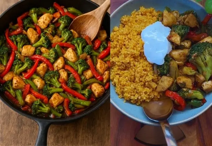 Chicken Vegetable Skillet with chicken strips, bell peppers, broccoli, and onions in a skillet