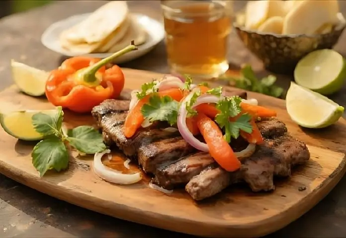 On a rustic wooden board, sizzling grilled skirt steak fajitas with bell peppers, onions, cilantro, lime wedges, and warm tortillas.