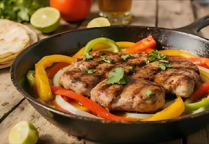 A wooden table with a skillet full of sizzling skirt steak fajitas, grilled bell peppers, onions, lime wedges, and warm tortillas.