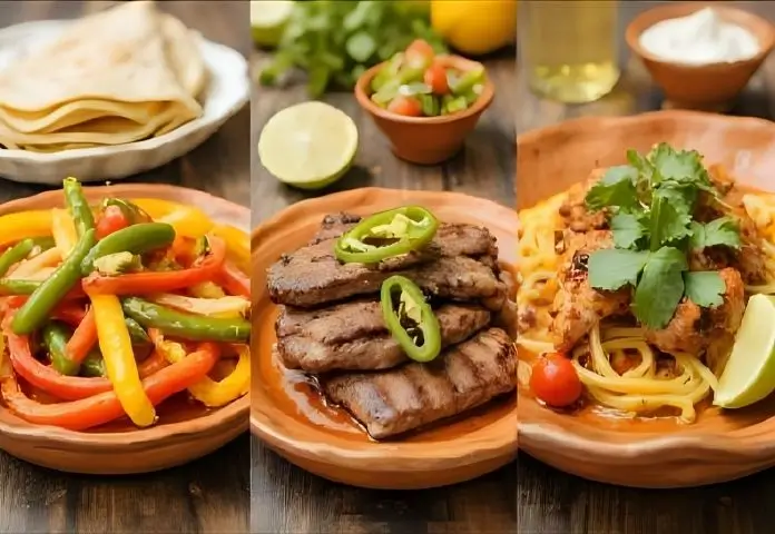 A collage of three skirt steak fajita plates that show classic grilled, spicy Southwest, and citrus-marinated versions with bright peppers, jalapeños, cilantro, and lime.