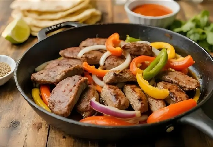 On a rustic wooden table, there is a skillet with seared skirt steak fajitas, bell peppers, onions, homemade seasoning bowls, fresh lime, and warm tortillas.