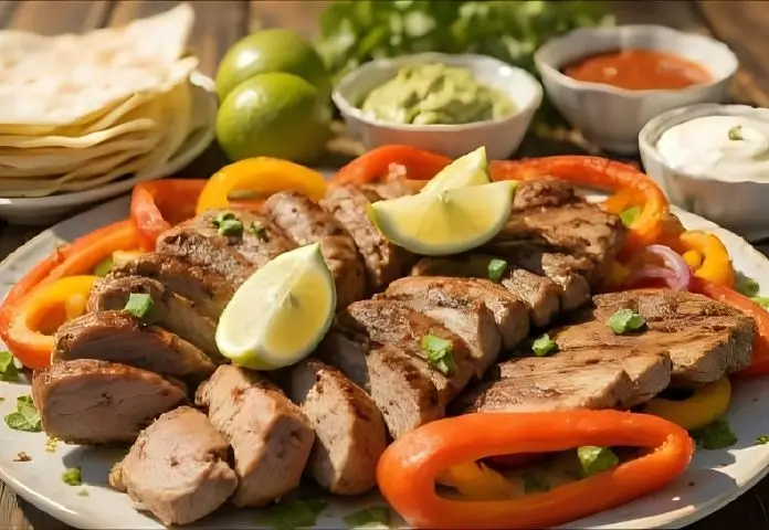 A rustic table with a platter of grilled skirt steak fajitas, colorful bell peppers, onions, lime wedges, cilantro, warm tortillas, and bowls of guacamole and salsa.