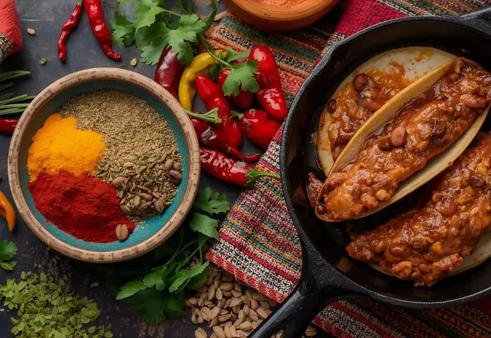 The scene is set in a rustic Mexican kitchen, where a bowl of birria seasoning, dried chilies, fresh herbs, and a skillet full of birria tacos are cooking.