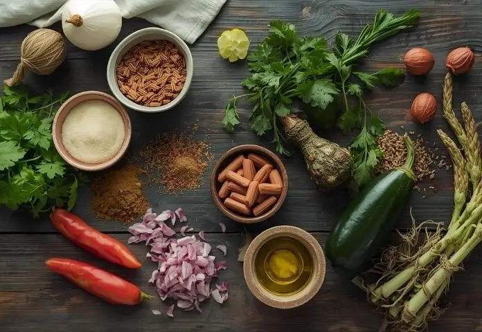 A wooden board shows the main ingredients for homemade birria seasoning, which are dried chilies, ground spices, and fresh herbs.