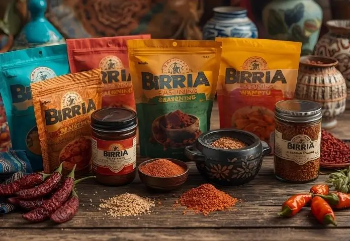 A variety of store-bought Mexican birria seasoning packets and jars are on display with dried chilies and spices on a wooden surface.