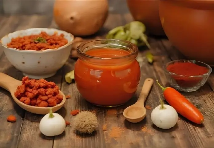 A close-up picture of dried guajillo and ancho chilies, fresh garlic, tomatoes, and spices set up in a rustic kitchen for making real birria sauce.