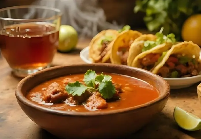 A rustic wooden table with a bowl of traditional Mexican birria stew topped with fresh cilantro and lime wedges, along with crispy birria tacos wrapped in warm corn tortillas.