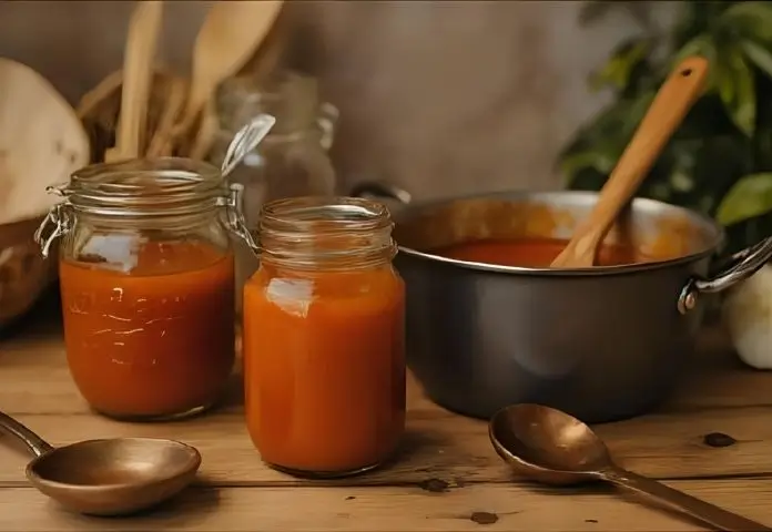 There is a pot of simmering birria consomé on a rustic wooden table, and next to it is a glass jar filled with homemade birria sauce that is sealed for storage.