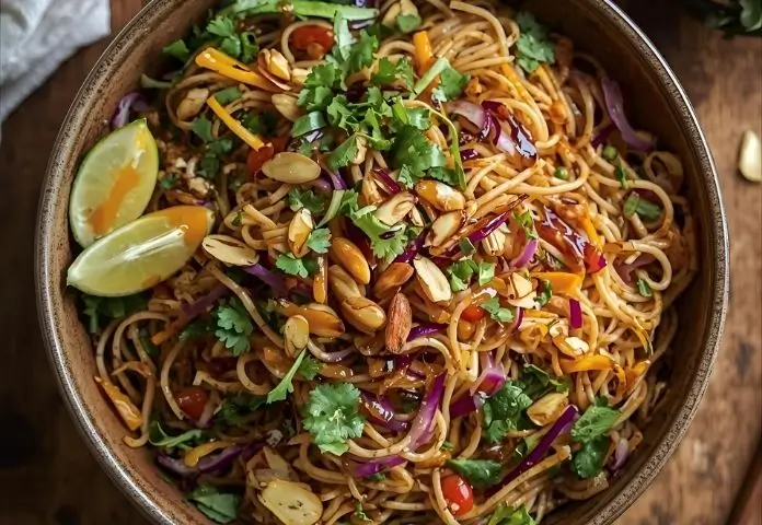 A close-up of a colorful ramen noodle salad in a rustic bowl. The salad has toasted ramen noodles, shredded cabbage, sliced almonds, and sesame dressing.