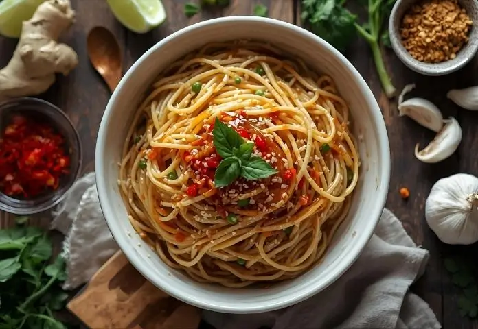 On a rough wooden table, there is a ramen noodle salad with sesame soy dressing, lime wedges, fresh ginger, chili flakes, and garlic.