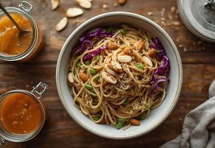 A bowl of fresh ramen noodle salad with colorful shredded cabbage, crunchy noodles, and almonds is next to a glass jar of dressing and an airtight container on a wooden table.
