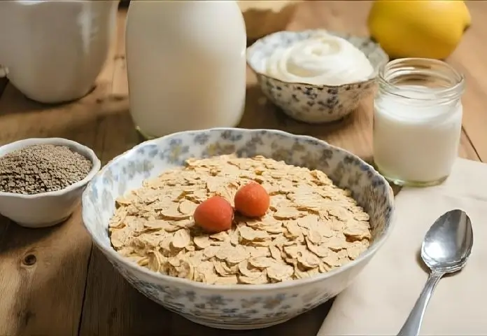 A flat lay of the main ingredients for high-protein breakfast oats: rolled oats, protein powder, chia seeds, almond milk, and Greek yogurt.