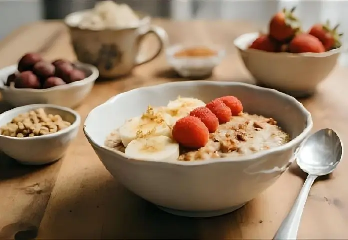 A bowl of protein oatmeal with fresh berries, banana slices, nuts, chia seeds, and cinnamon on top. There are small bowls nearby with extra toppings.