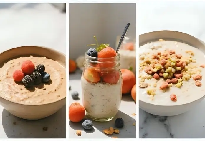 Three bowls of protein oatmeal: classic whey protein oatmeal with berries, overnight oats in a jar with nuts and fruit, and vegan protein oatmeal topped with silken tofu and seeds.