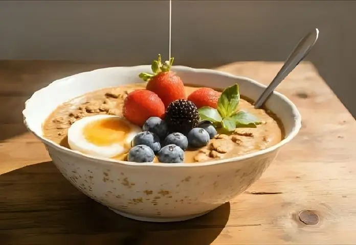 A close-up of a bowl of creamy protein oatmeal with fresh blueberries, sliced almonds, chia seeds, and a drizzle of honey on a wooden surface.