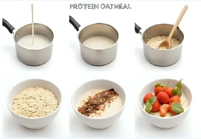 Step-by-step pictures of how to make protein oatmeal: cooking oats and milk in a pot, adding protein powder, and serving a bowl with berries and nuts on top.