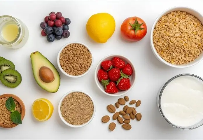 A flat lay of healthier protein oatmeal ingredients like quinoa, buckwheat, chia seeds, flaxseed, nut butter, fresh berries, and almond milk.