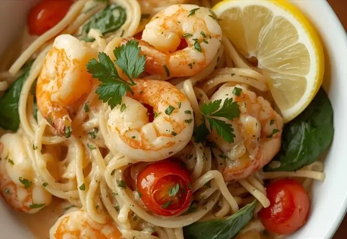 The creamy garlic shrimp pasta is ready to serve in a white bowl with parsley, lemon, cherry tomatoes, and spinach.