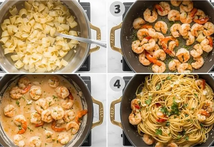 Step-by-step preparation of Garlic Shrimp Pasta: cooking pasta, sautéing shrimp with garlic, making creamy sauce, and combining pasta with shrimp and herbs.