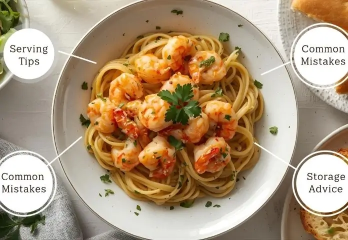 Plated Garlic Shrimp Pasta served with side salad and garlic bread, with visual tips for serving, common cooking mistakes, and storage advice.