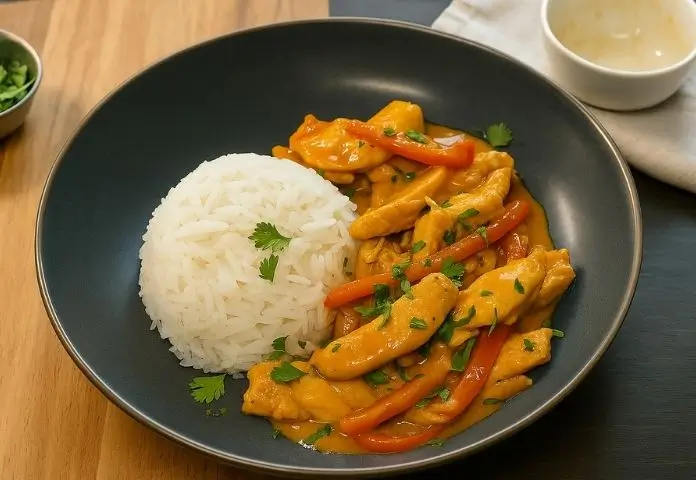 A rustic skillet filled with juicy chicken pieces and colorful bell peppers in a creamy sauce, garnished with fresh herbs on a wooden table.