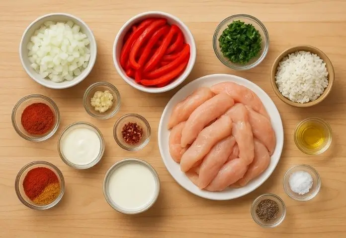 Flat-lay image showing raw chicken breast pieces, red and yellow bell peppers, fresh garlic, olive oil, and spices arranged on a wooden cutting board.