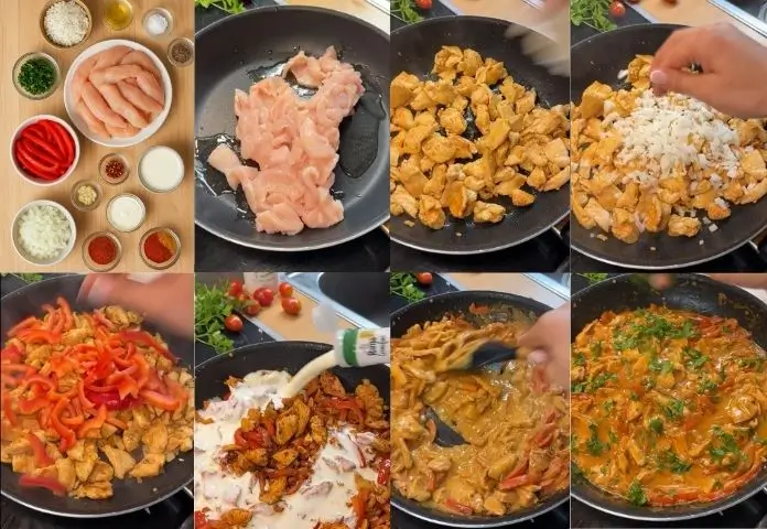 Close-up of a rustic skillet with cooked chicken, vibrant bell peppers in creamy sauce, ready for serving as a quick and flavorful dinner.