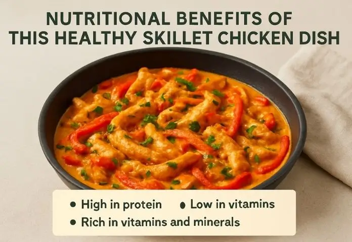 Infographic-style image showcasing the nutritional benefits of Chicken Pepper Skillet, highlighting protein, vitamins, antioxidants, and fiber.