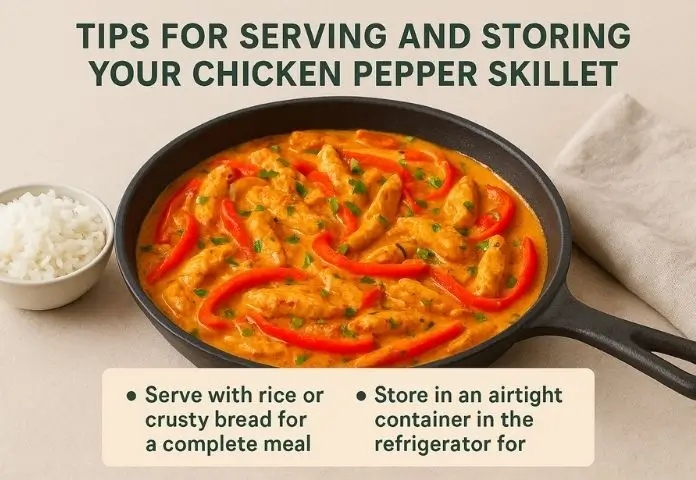 A serving plate of Chicken Pepper Skillet with rice and fresh herbs, alongside visual icons for storing leftovers in airtight containers.